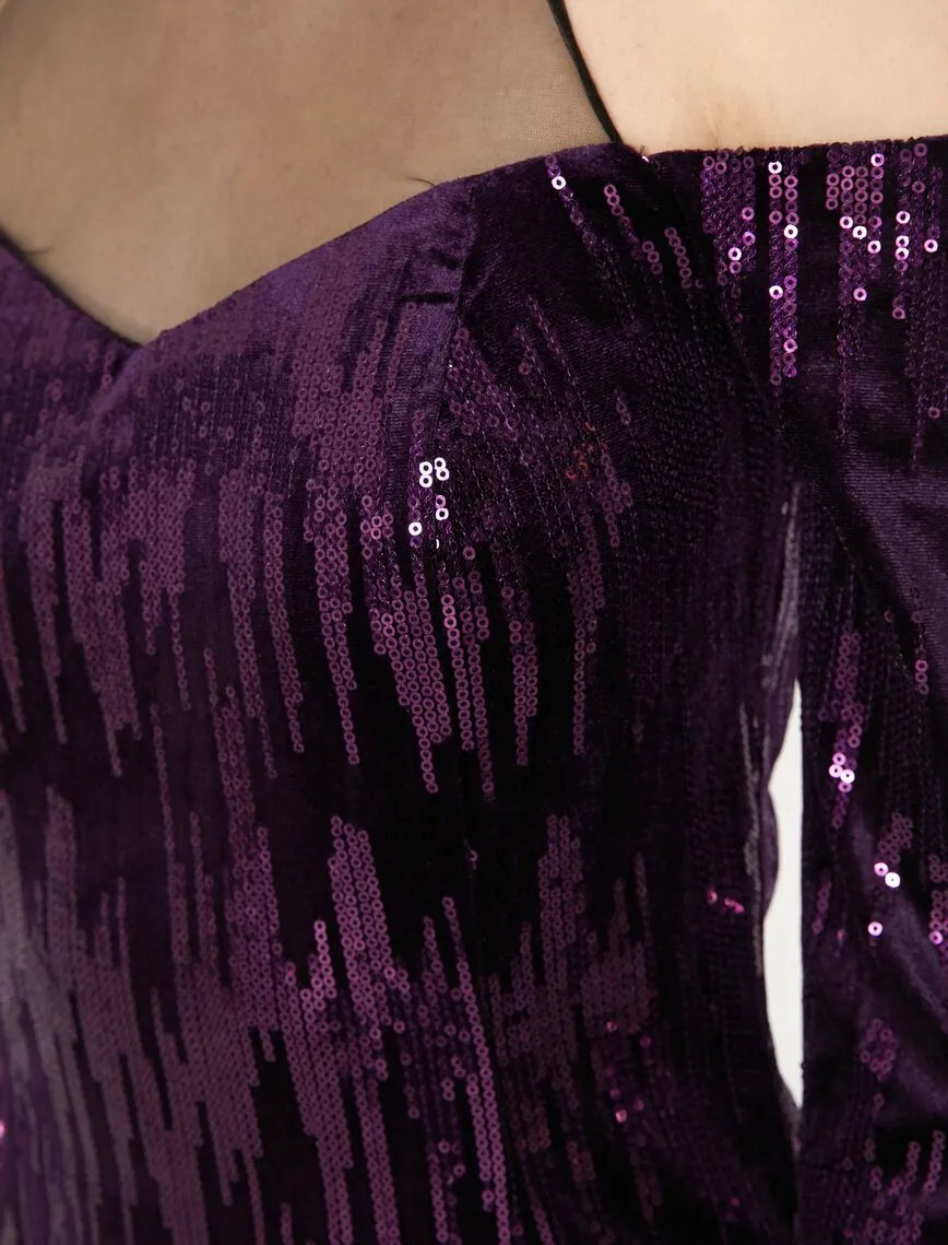 15148 Purple Cold Shoulder Sequins Dress