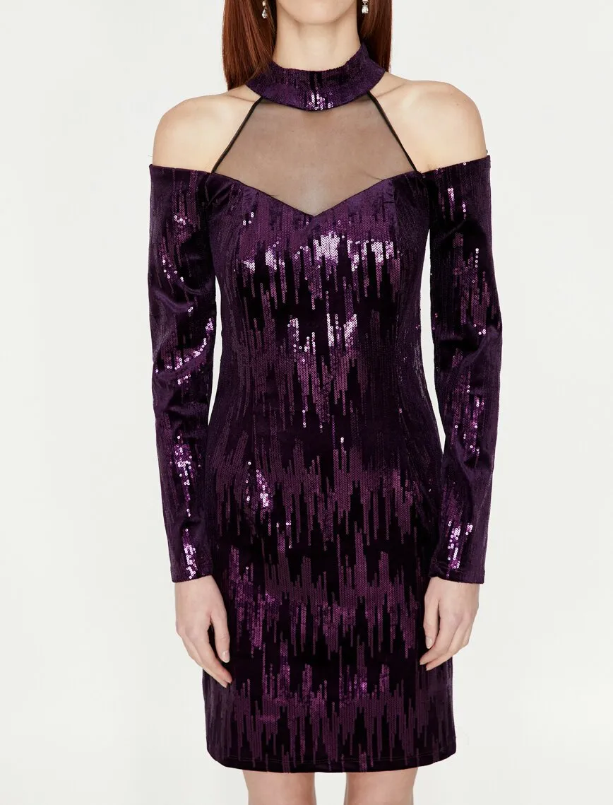 15148 Purple Cold Shoulder Sequins Dress