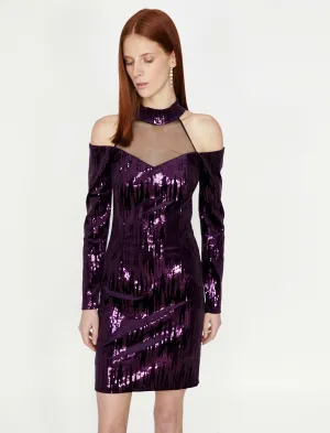 15148 Purple Cold Shoulder Sequins Dress