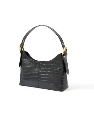 Accessorize London Women's Real Leather Black Croc Leather Shoulder bag