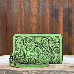 American Darling Green Tooled Clutch with Wristlet