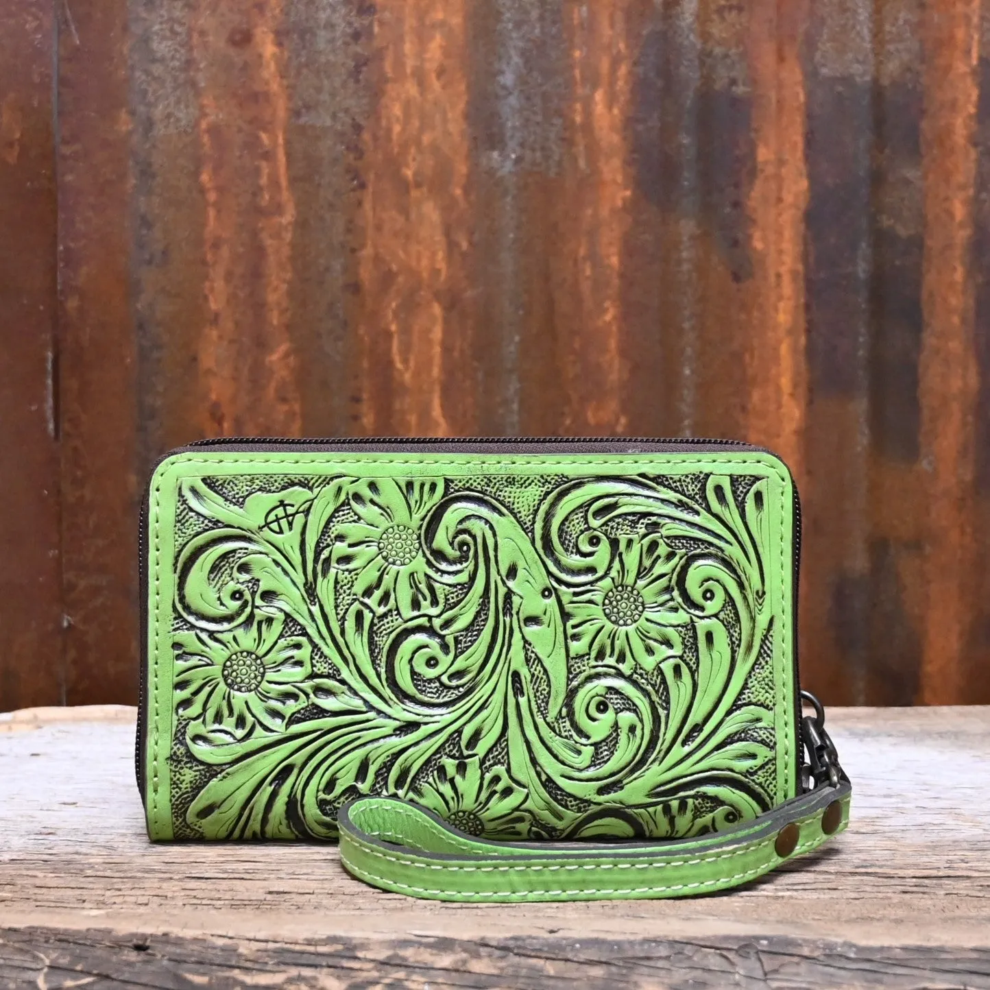 American Darling Green Tooled Clutch with Wristlet