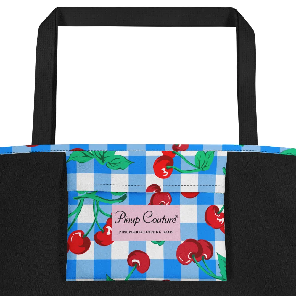 Bethany Cherry Girl Blue Gingham Print Oversized Tote Bag | Pinup Couture Relaxed