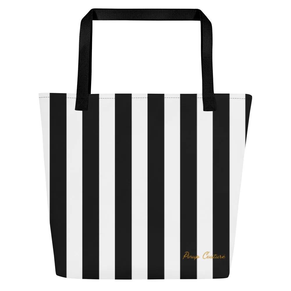 Black & White Mark Stripe Large Tote Bag | Pinup Couture