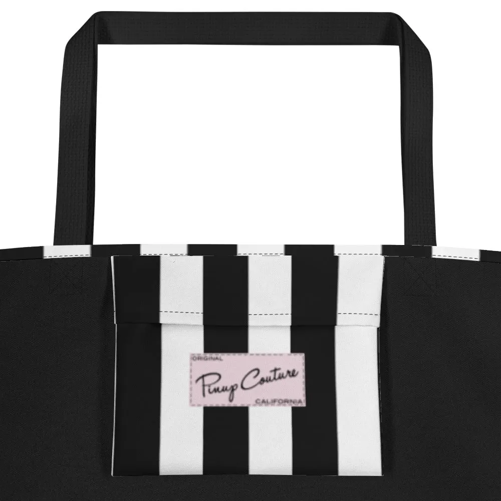 Black & White Mark Stripe Large Tote Bag | Pinup Couture