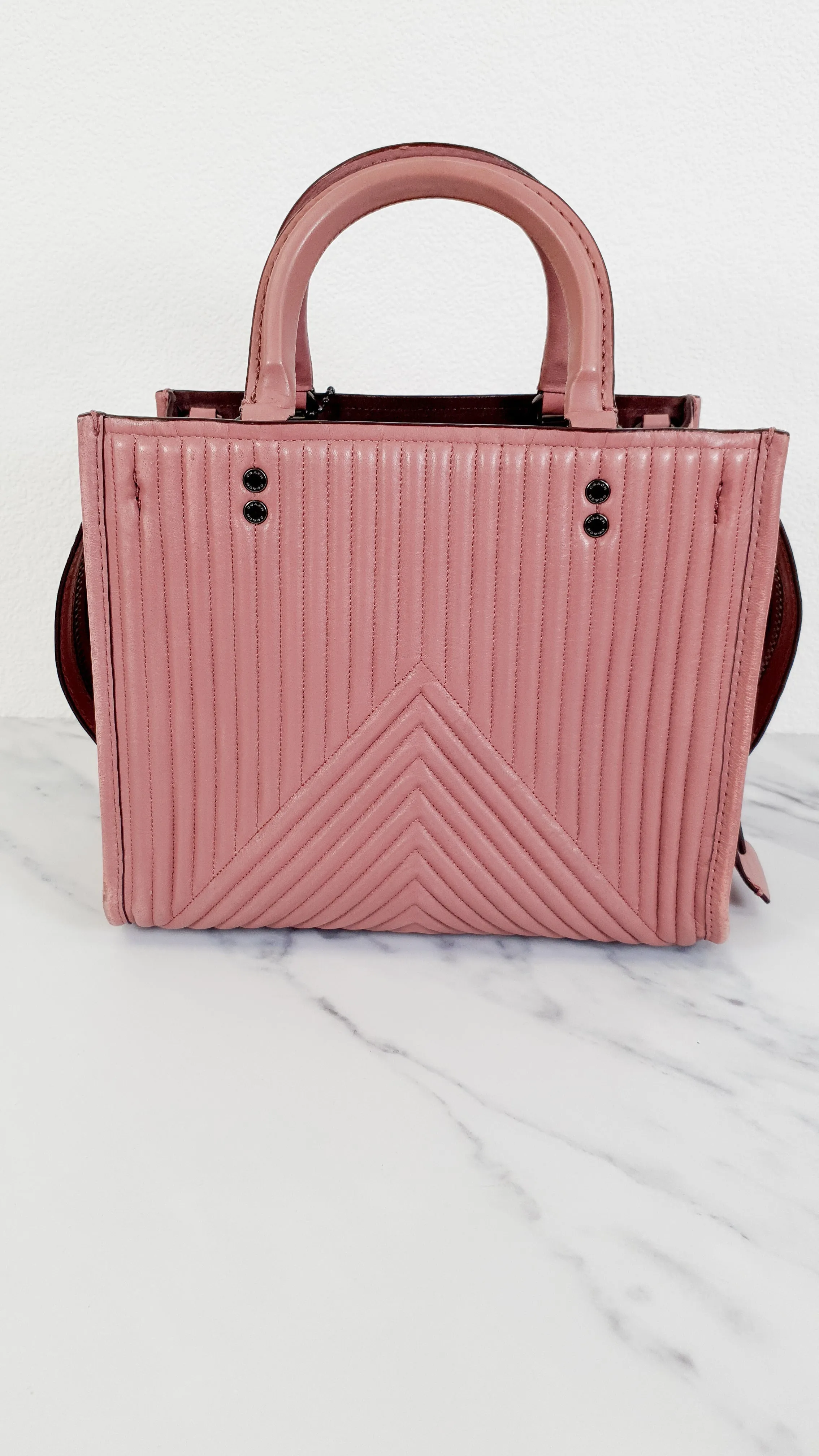 Coach 1941 Rogue 25 in Dusty Rose Pink Quilted Studded Chevron Nappa Leather - Shoulder Bag Handbag - Coach 22797