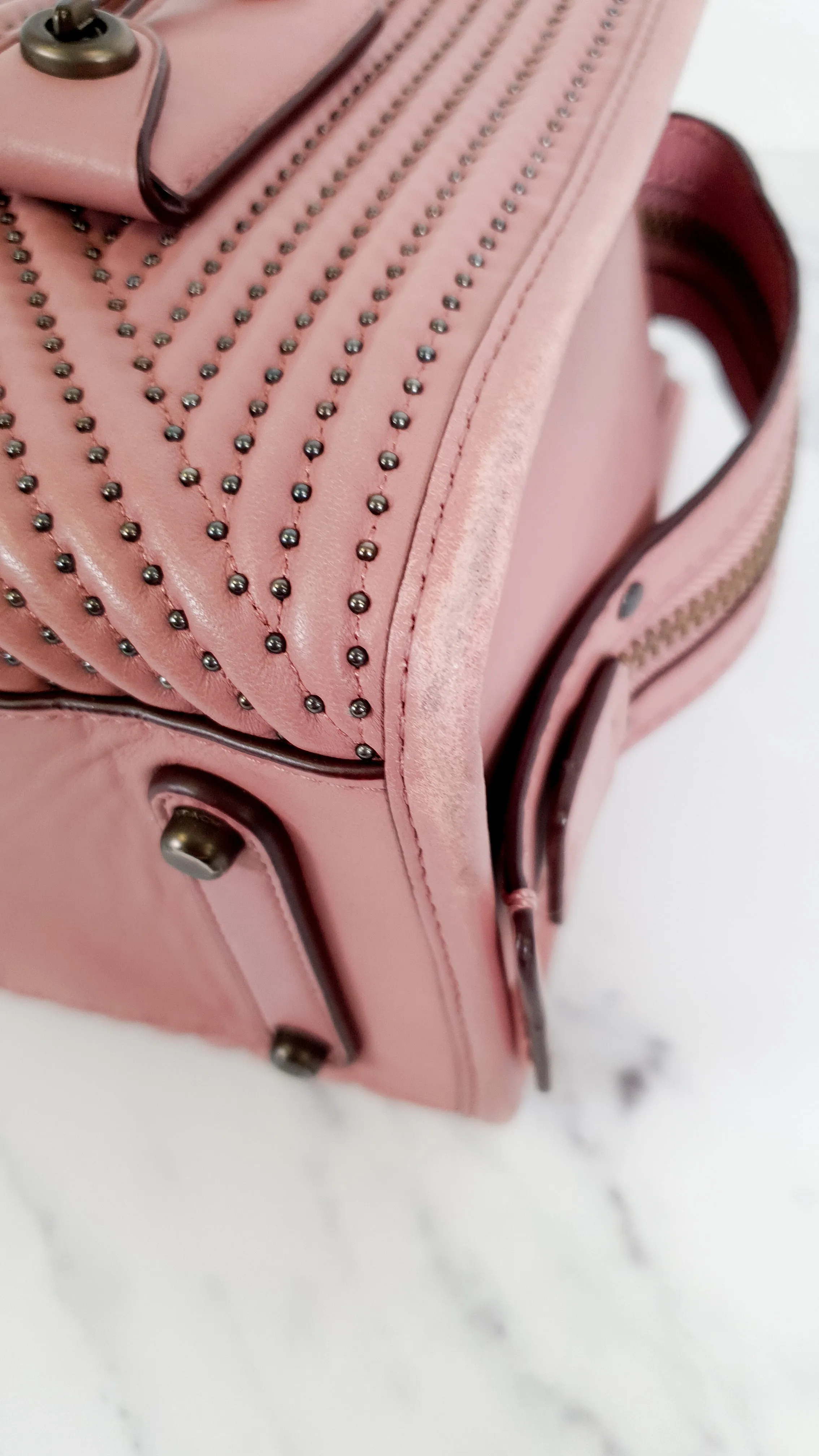 Coach 1941 Rogue 25 in Dusty Rose Pink Quilted Studded Chevron Nappa Leather - Shoulder Bag Handbag - Coach 22797