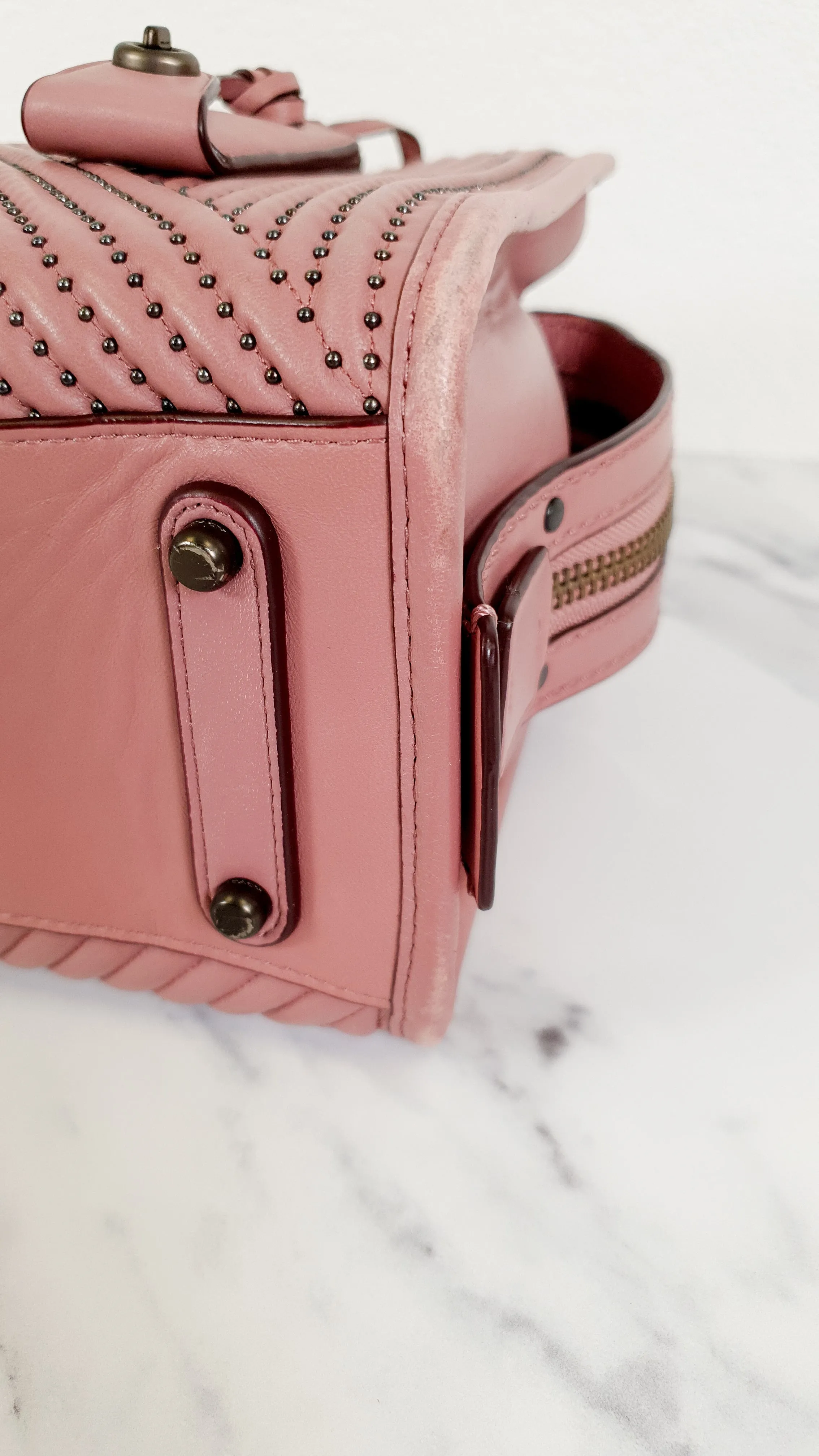 Coach 1941 Rogue 25 in Dusty Rose Pink Quilted Studded Chevron Nappa Leather - Shoulder Bag Handbag - Coach 22797