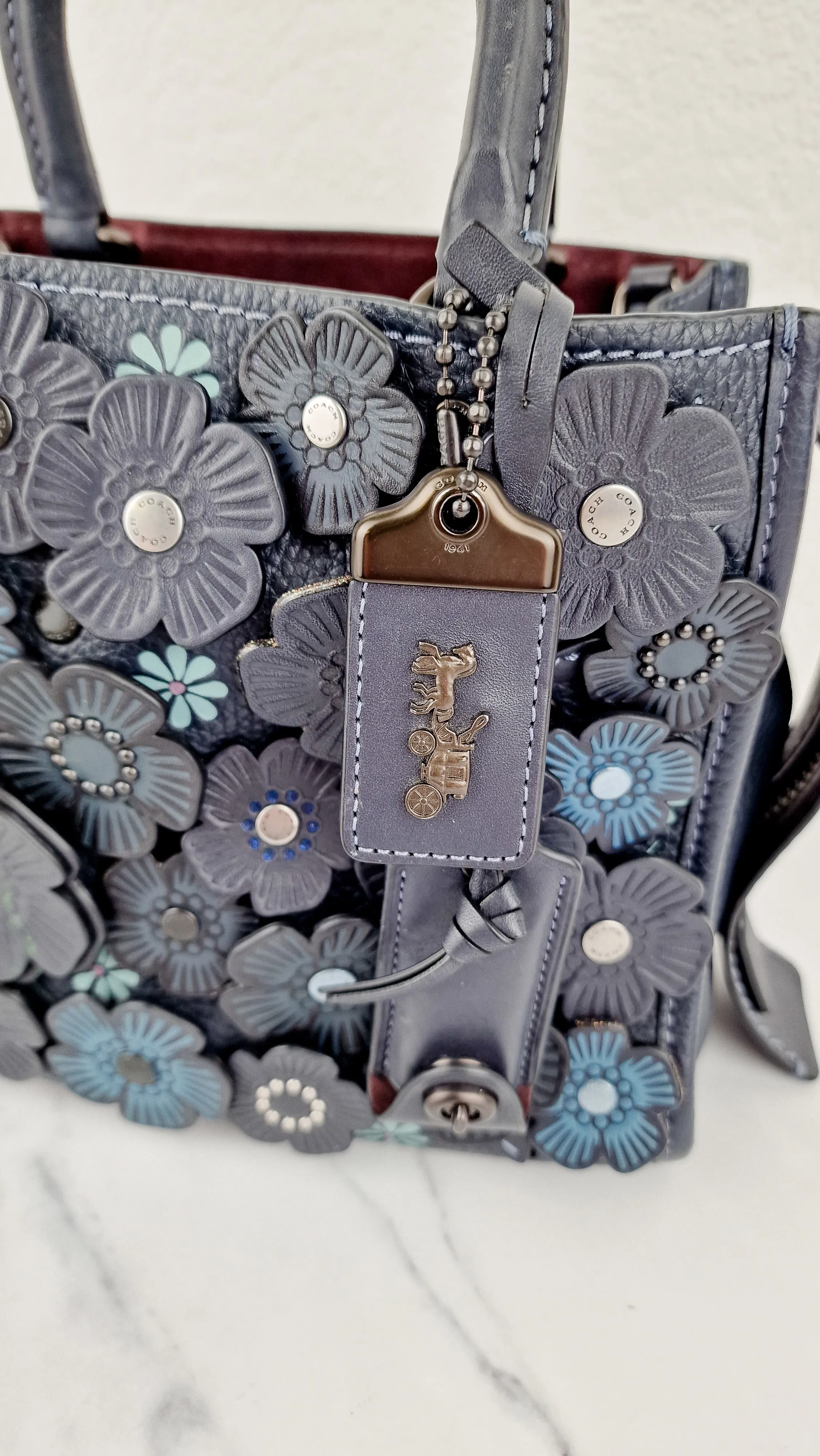 Coach 1941 Rogue 25 Tea Rose Appliqué in Midnight Navy Blue Leather & Suede Handbag - Coach 58840