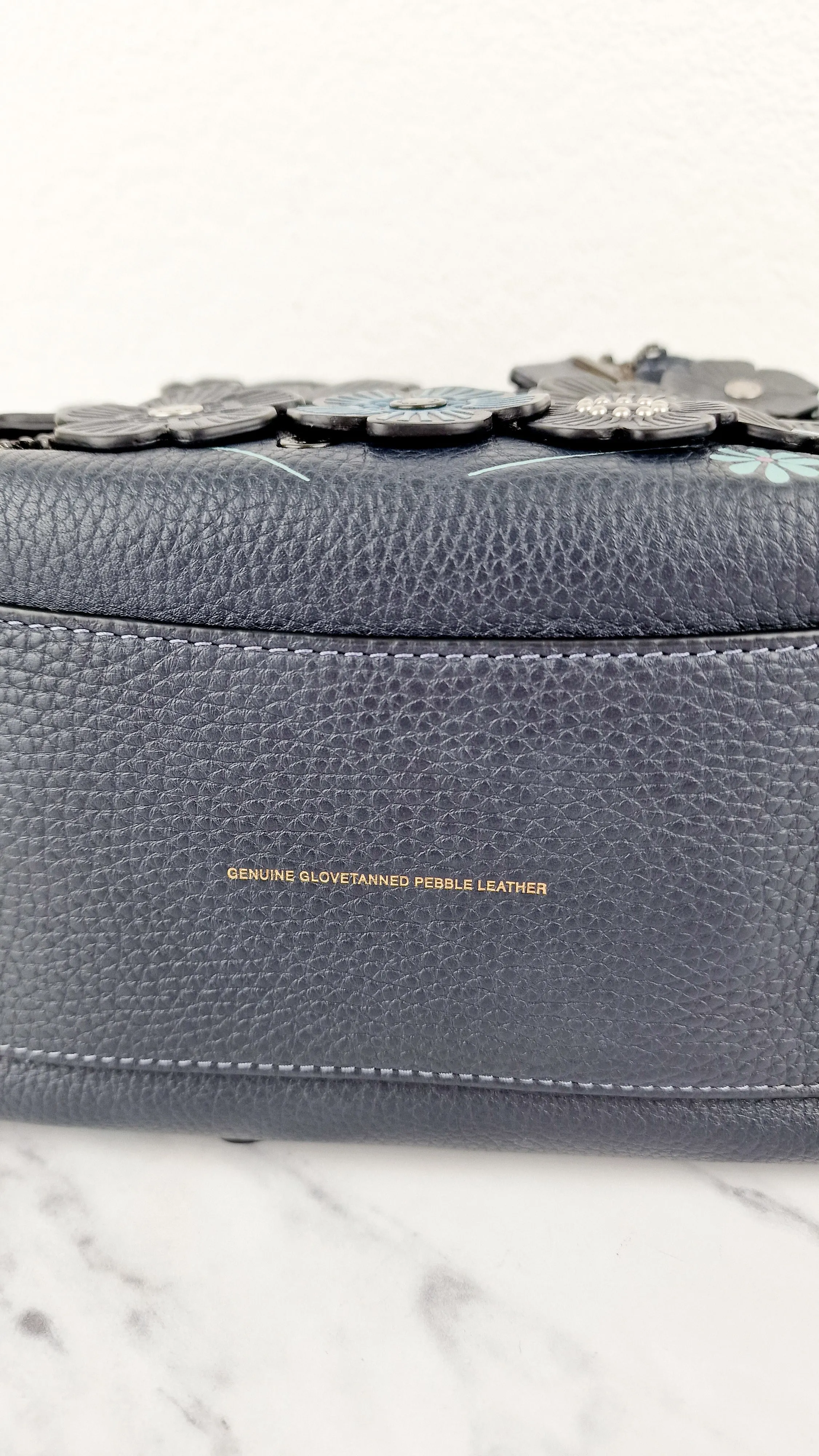 Coach 1941 Rogue 25 Tea Rose Appliqué in Midnight Navy Blue Leather & Suede Handbag - Coach 58840