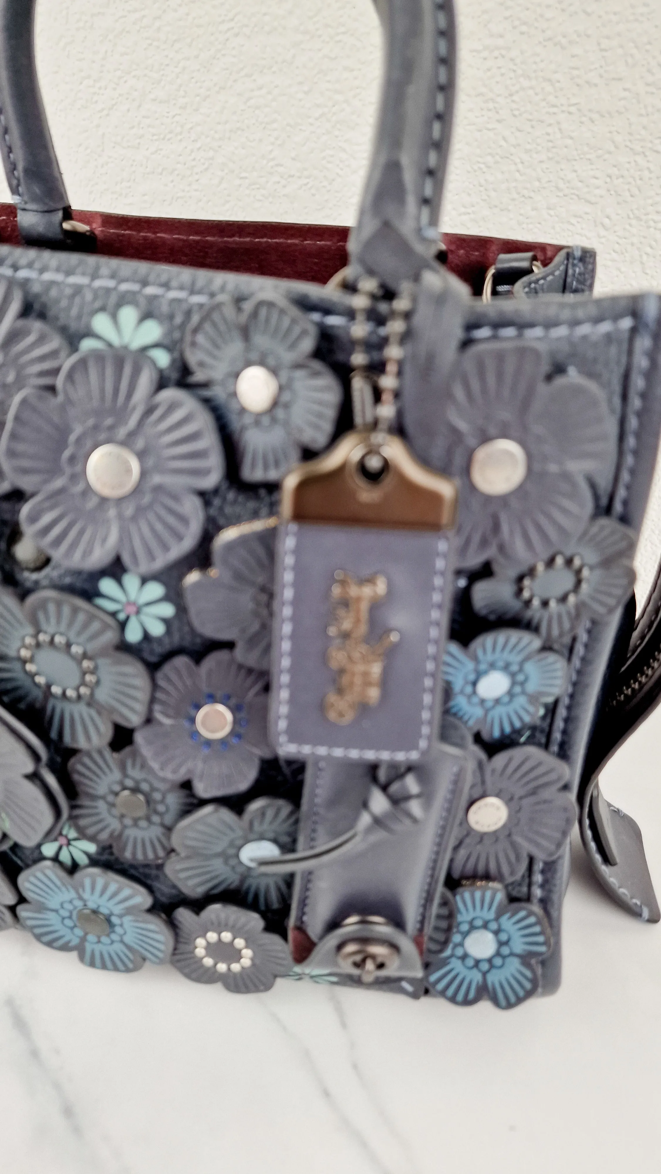 Coach 1941 Rogue 25 Tea Rose Appliqué in Midnight Navy Blue Leather & Suede Handbag - Coach 58840