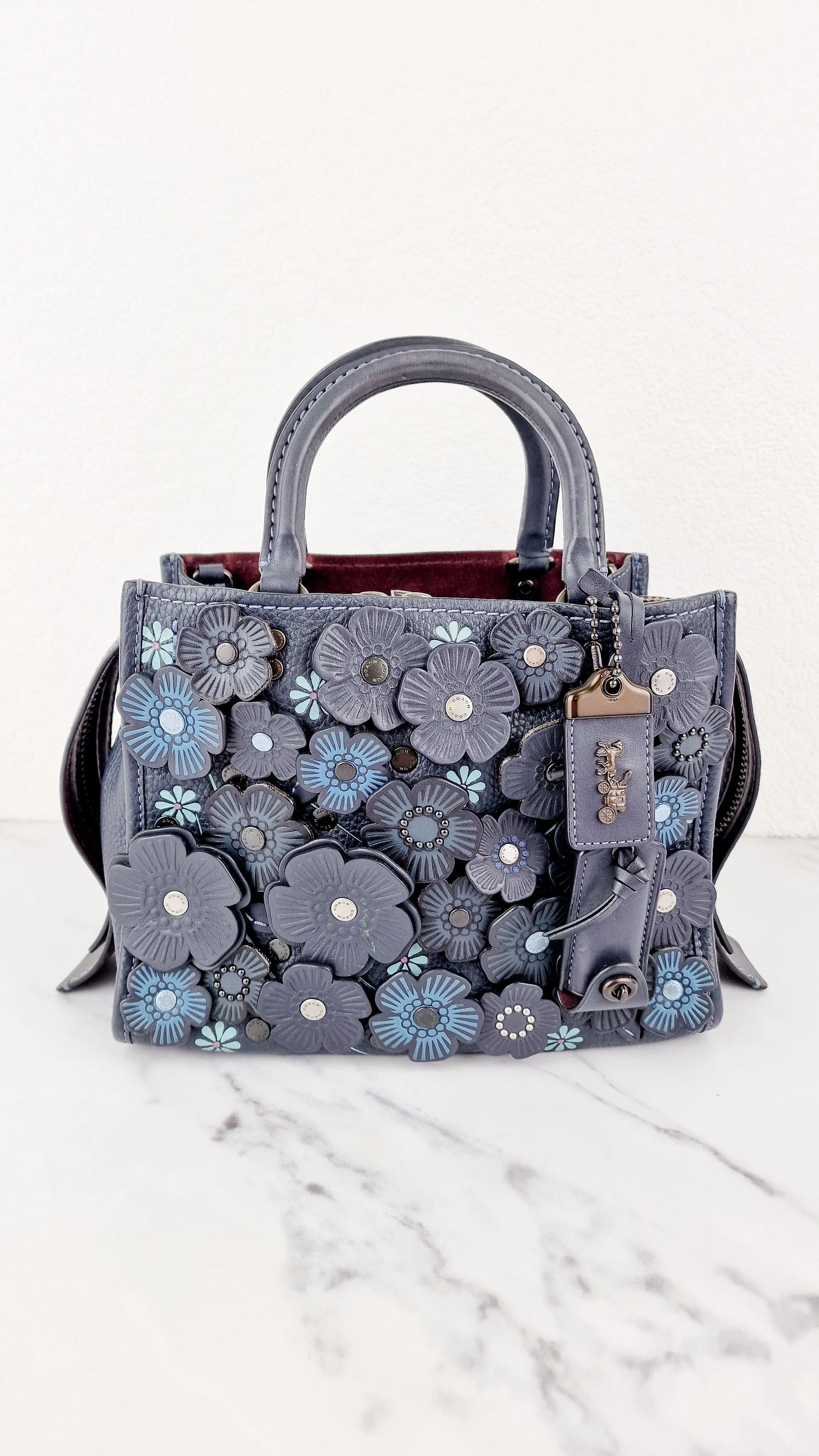 Coach 1941 Rogue 25 Tea Rose Appliqué in Midnight Navy Blue Leather & Suede Handbag - Coach 58840