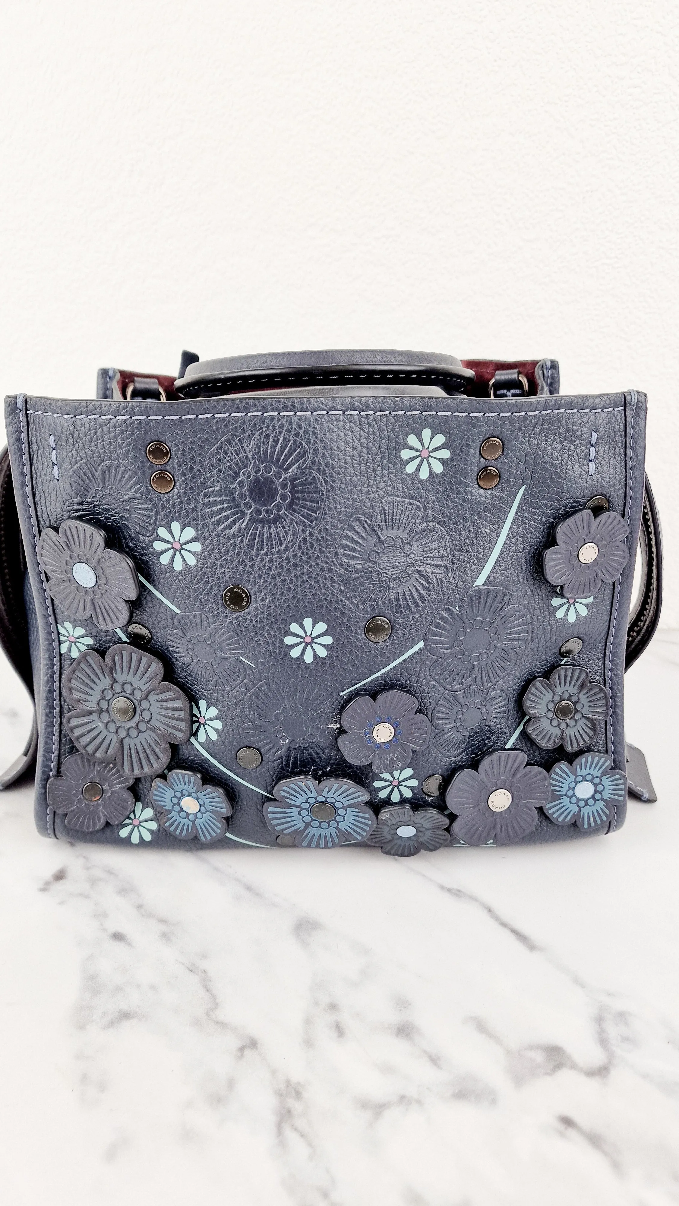 Coach 1941 Rogue 25 Tea Rose Appliqué in Midnight Navy Blue Leather & Suede Handbag - Coach 58840