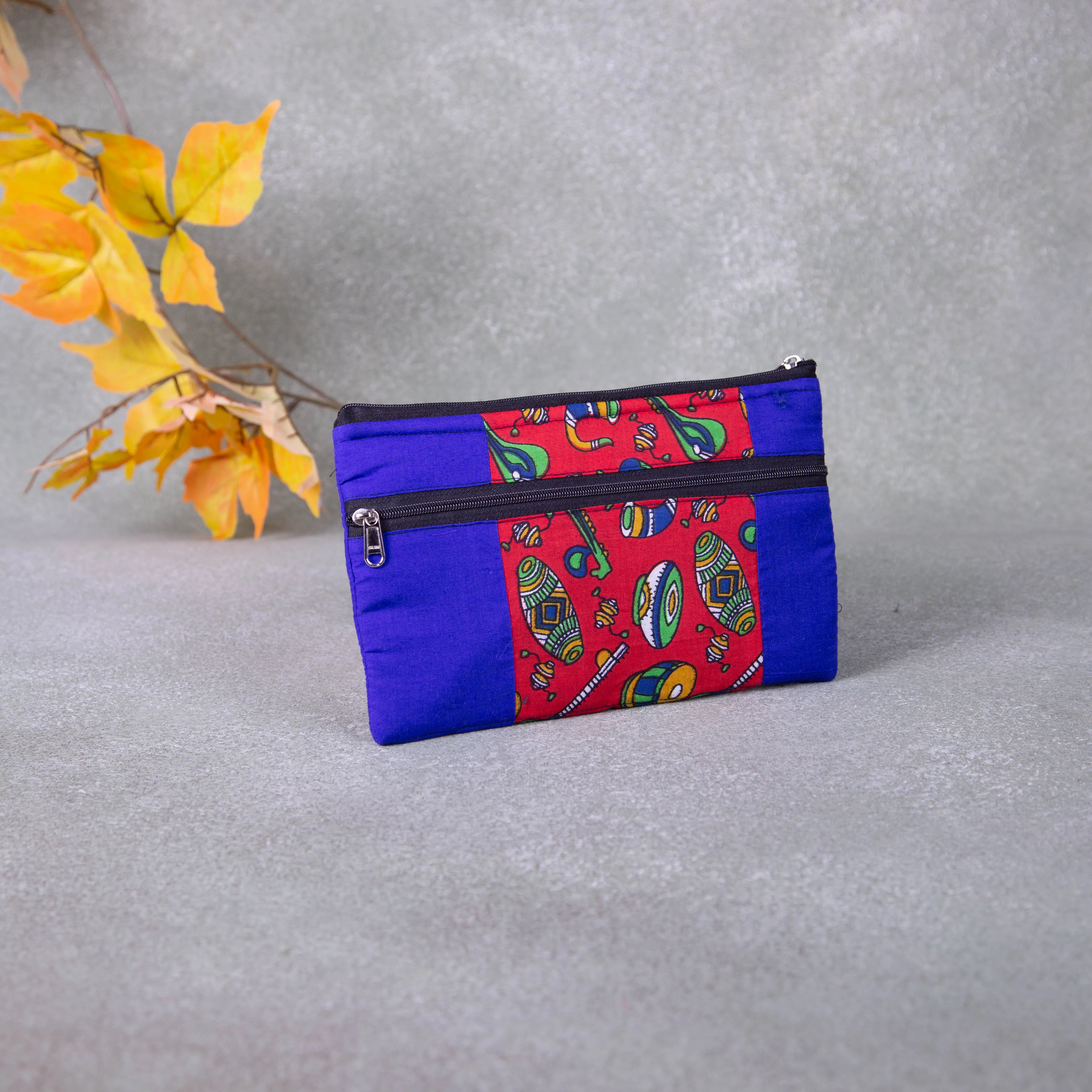 Cotton Multizip Purse Blue with Red Instrument Design.