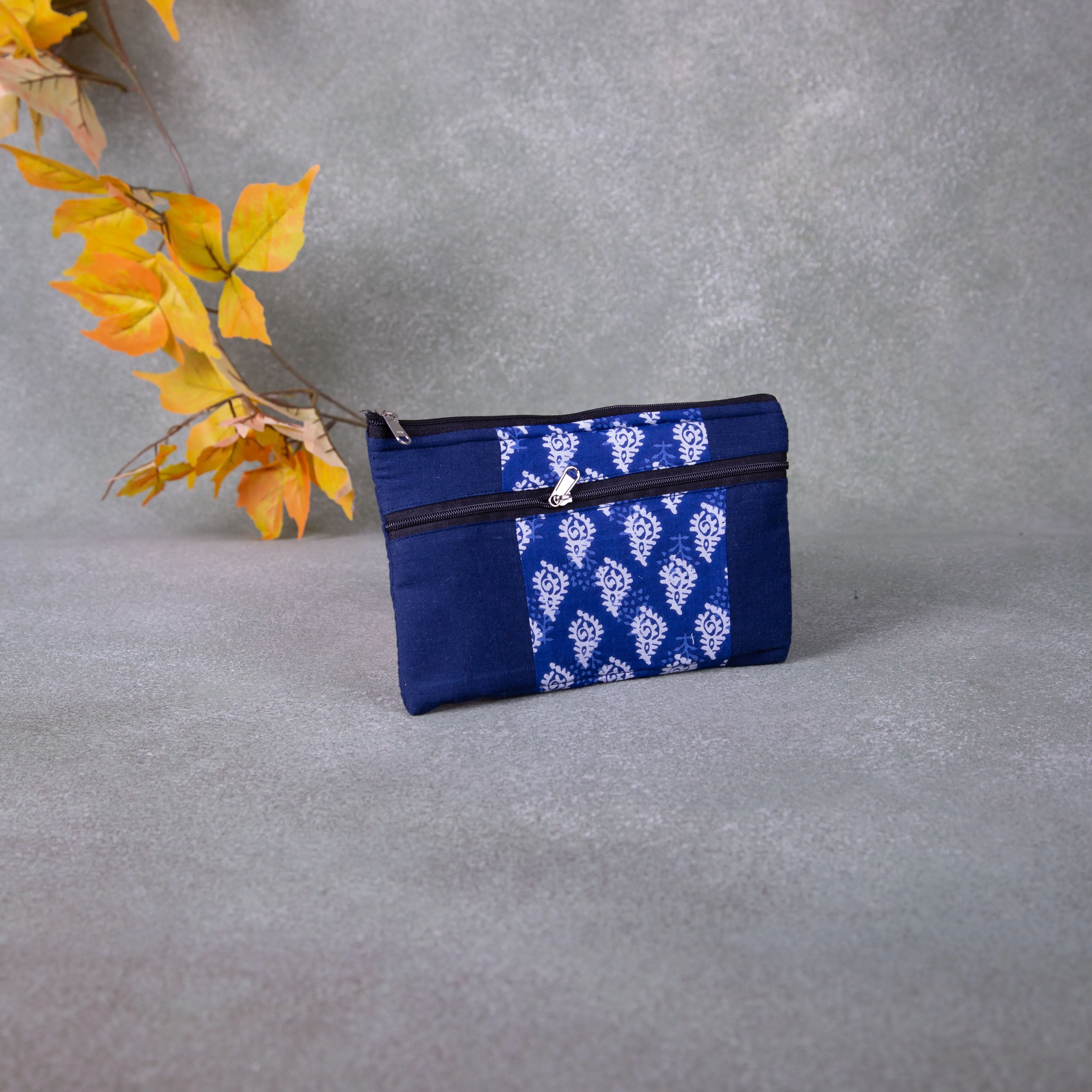 Cotton Multizip Purse Blue with White Prints