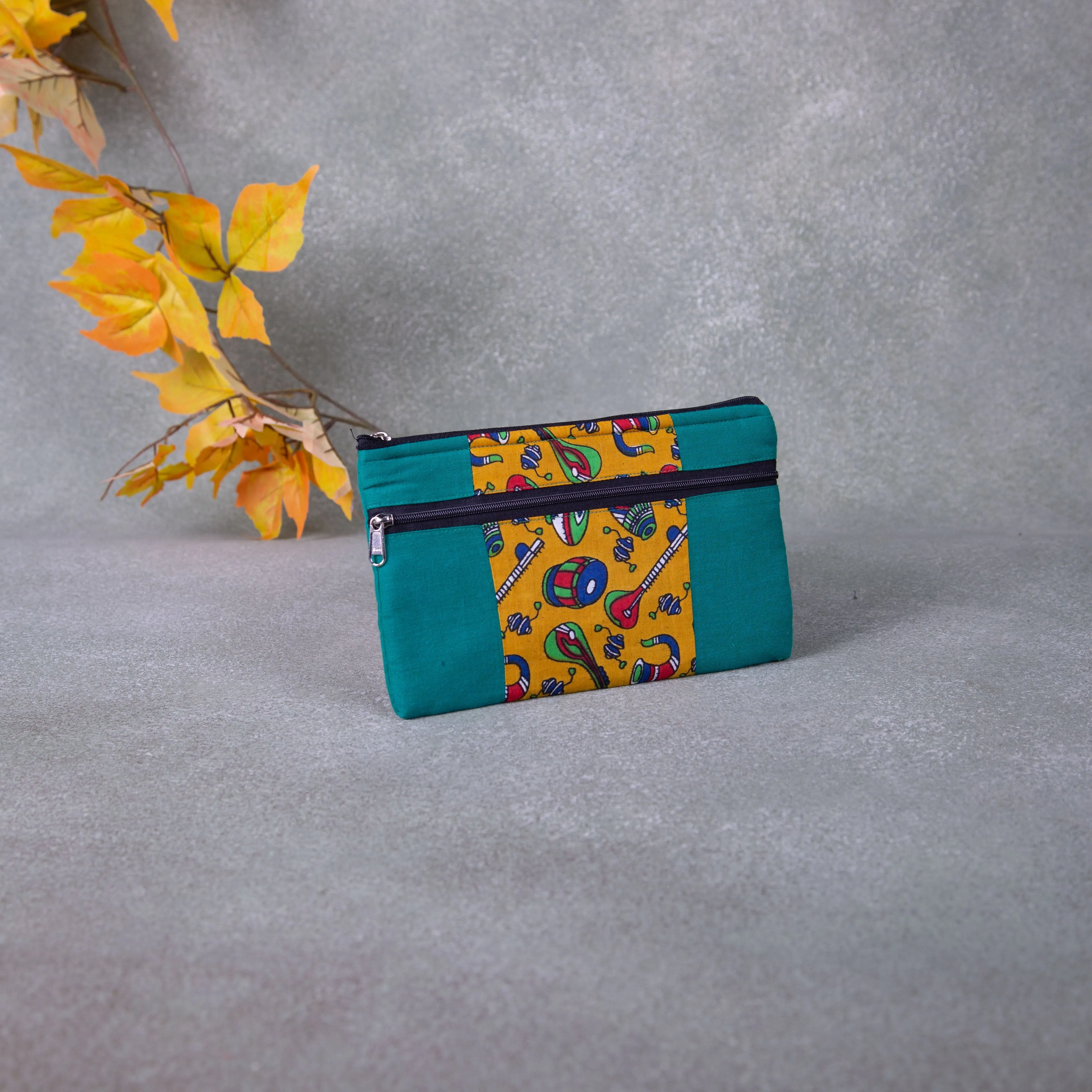 Cotton Multizip Purse Green with Yellow Instrument Design.