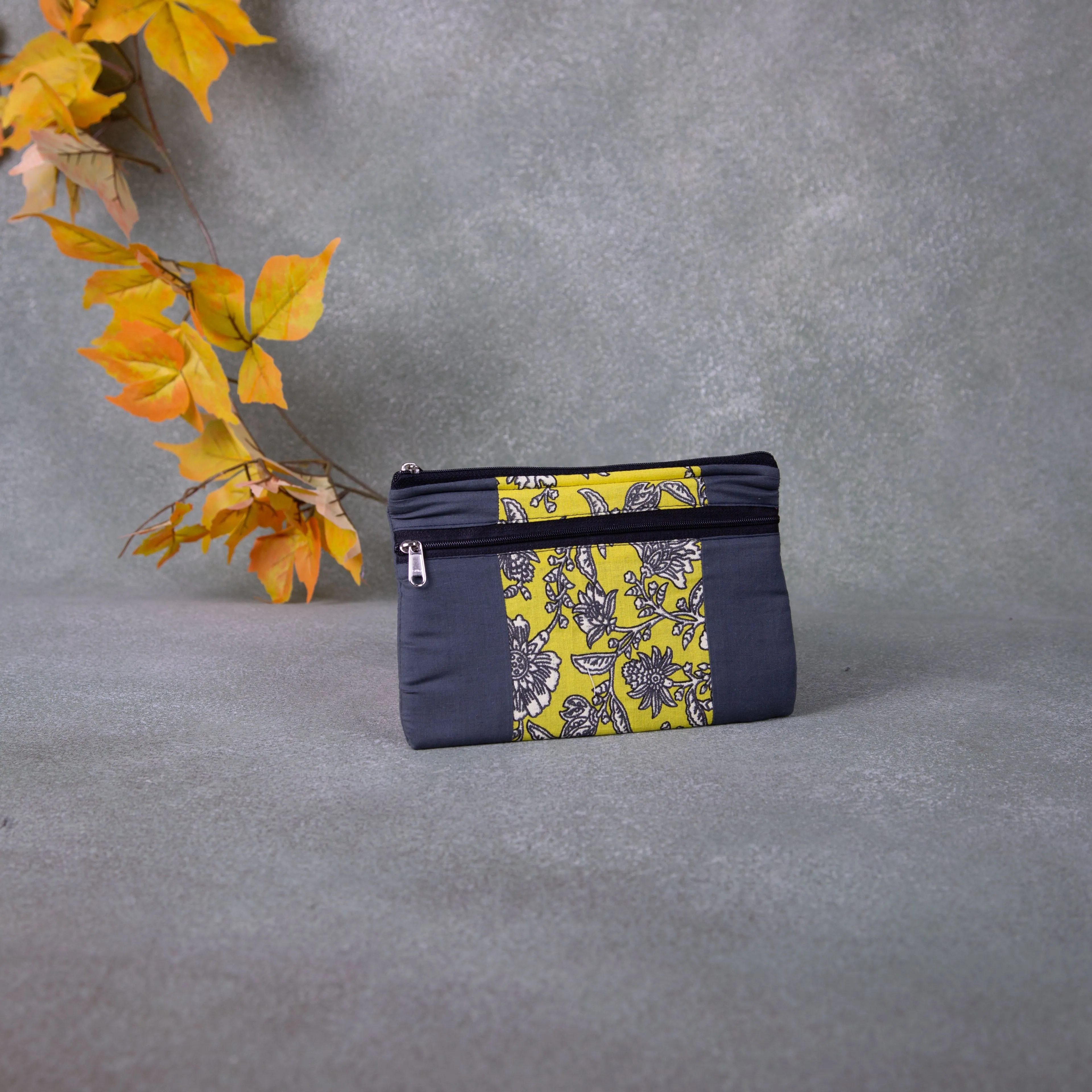 Cotton Multizip Purse Grey Colour with Yellow Prints.