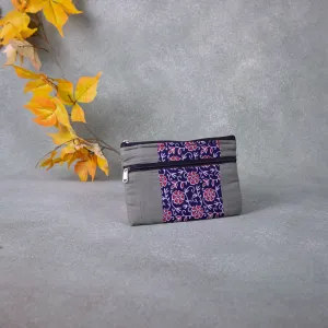 Cotton Multizip Purse Grey with Blue with Red Flower Design.