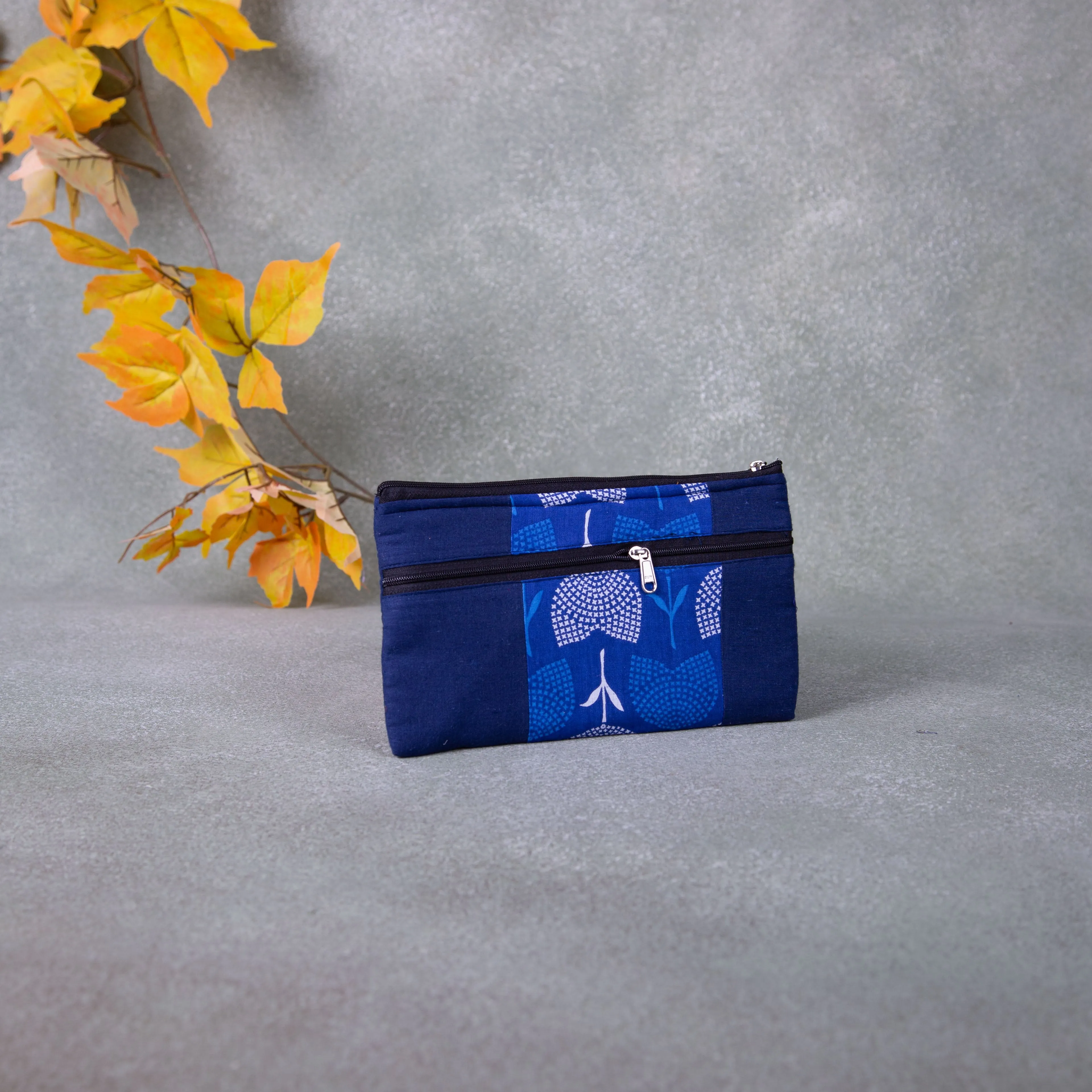 Cotton Multizip Purse Navy Blue Colour with Blue Flower Design.