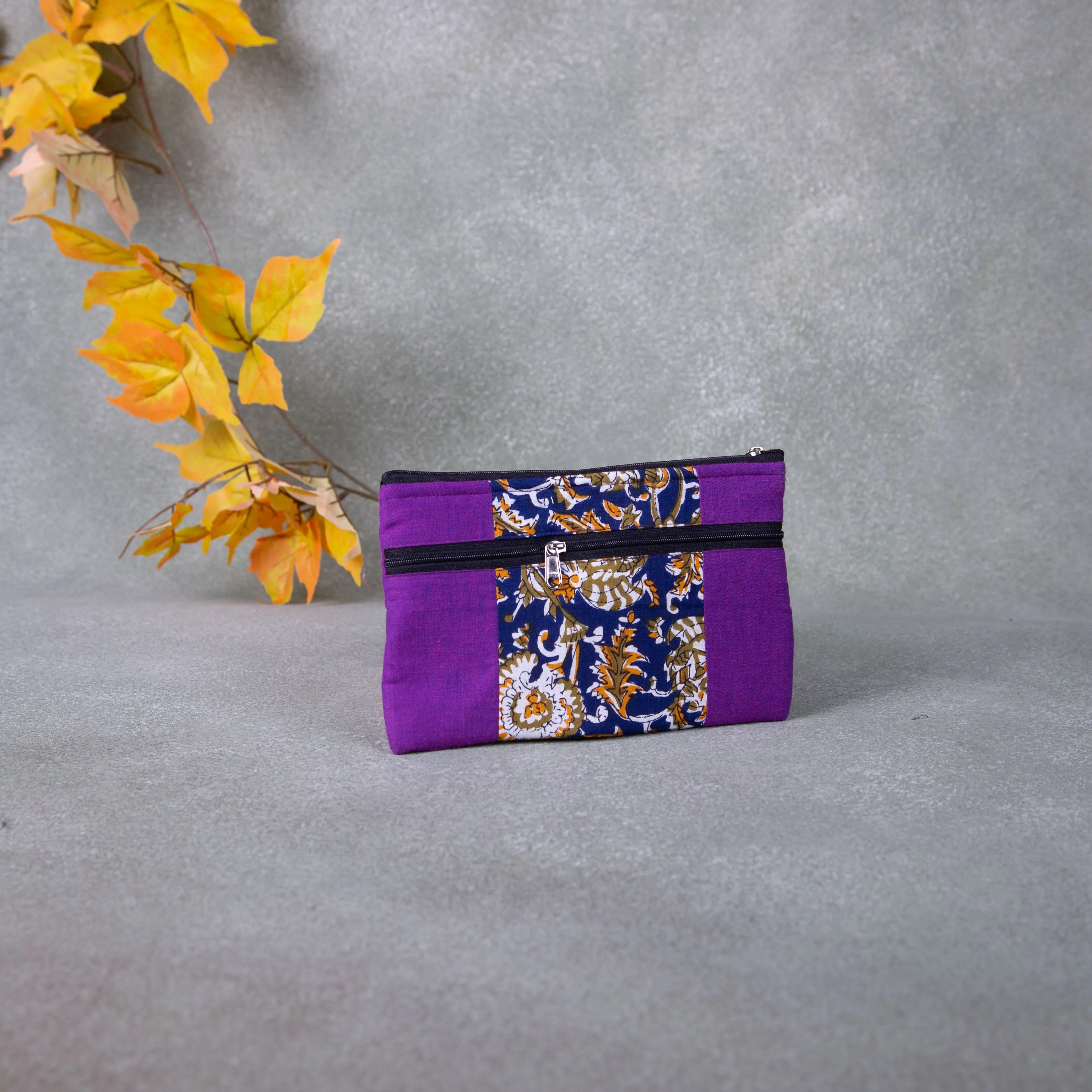 Cotton Multizip Purse Violet with Blue Prints.