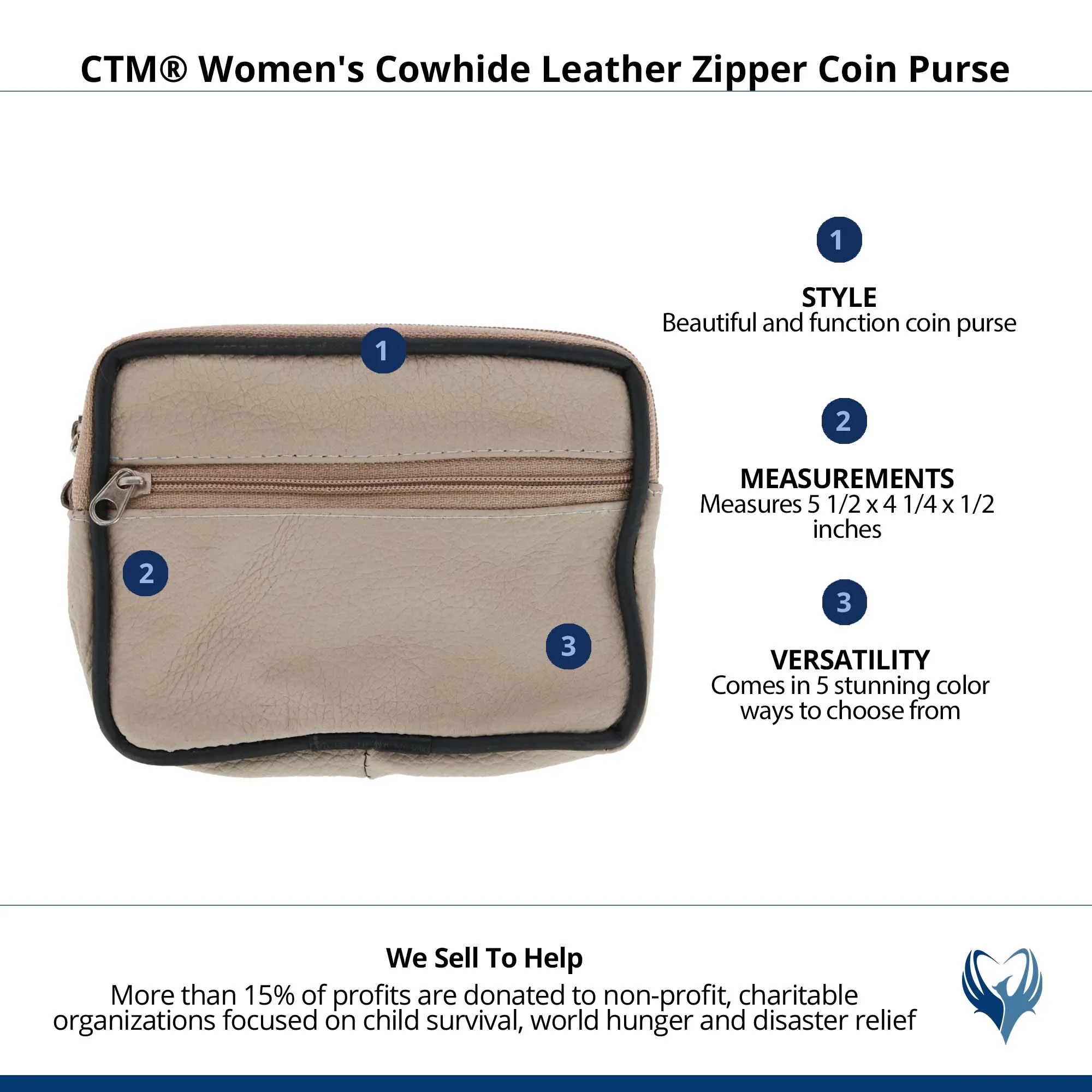 CTM® Women's Cowhide Leather Zipper Coin Purse