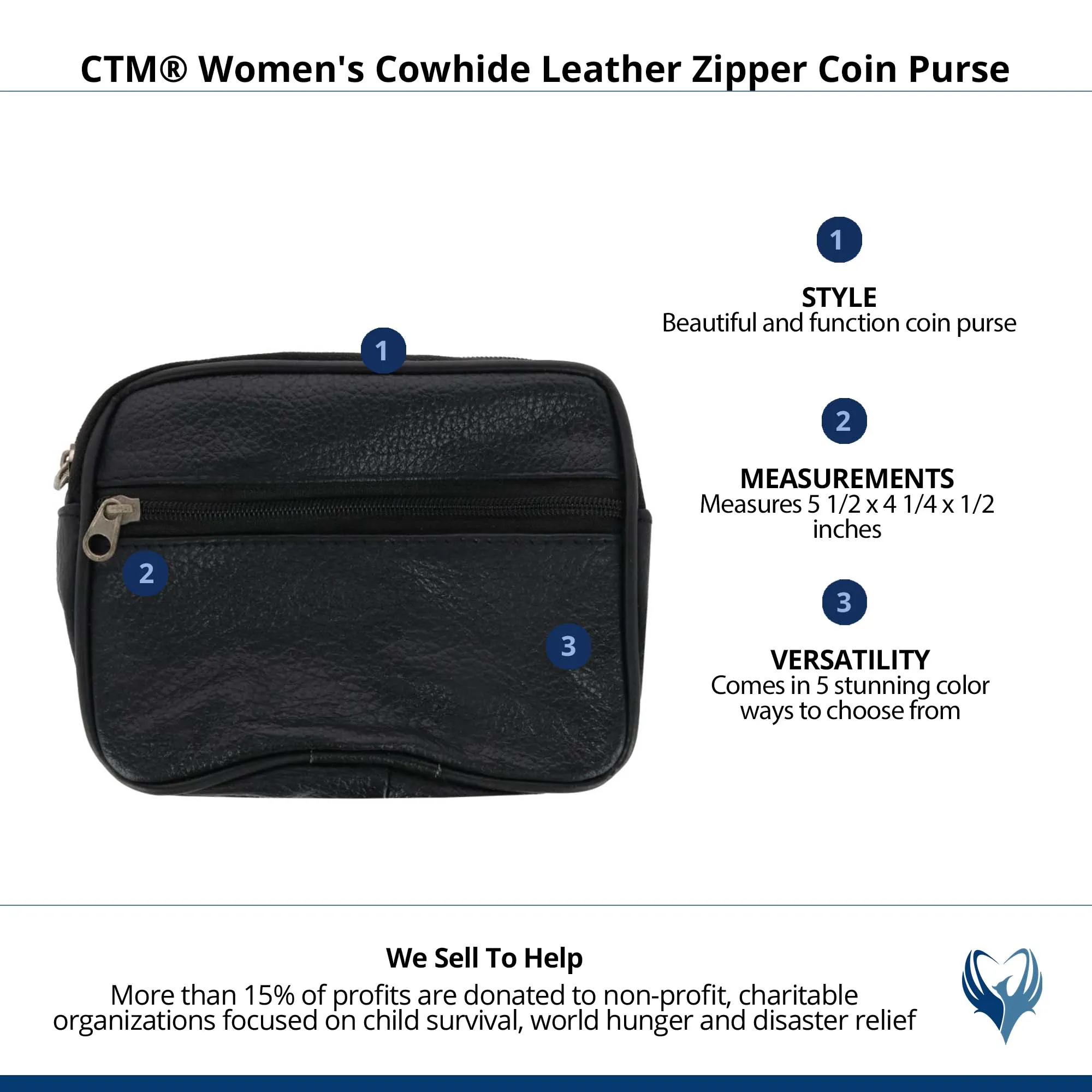 CTM® Women's Cowhide Leather Zipper Coin Purse