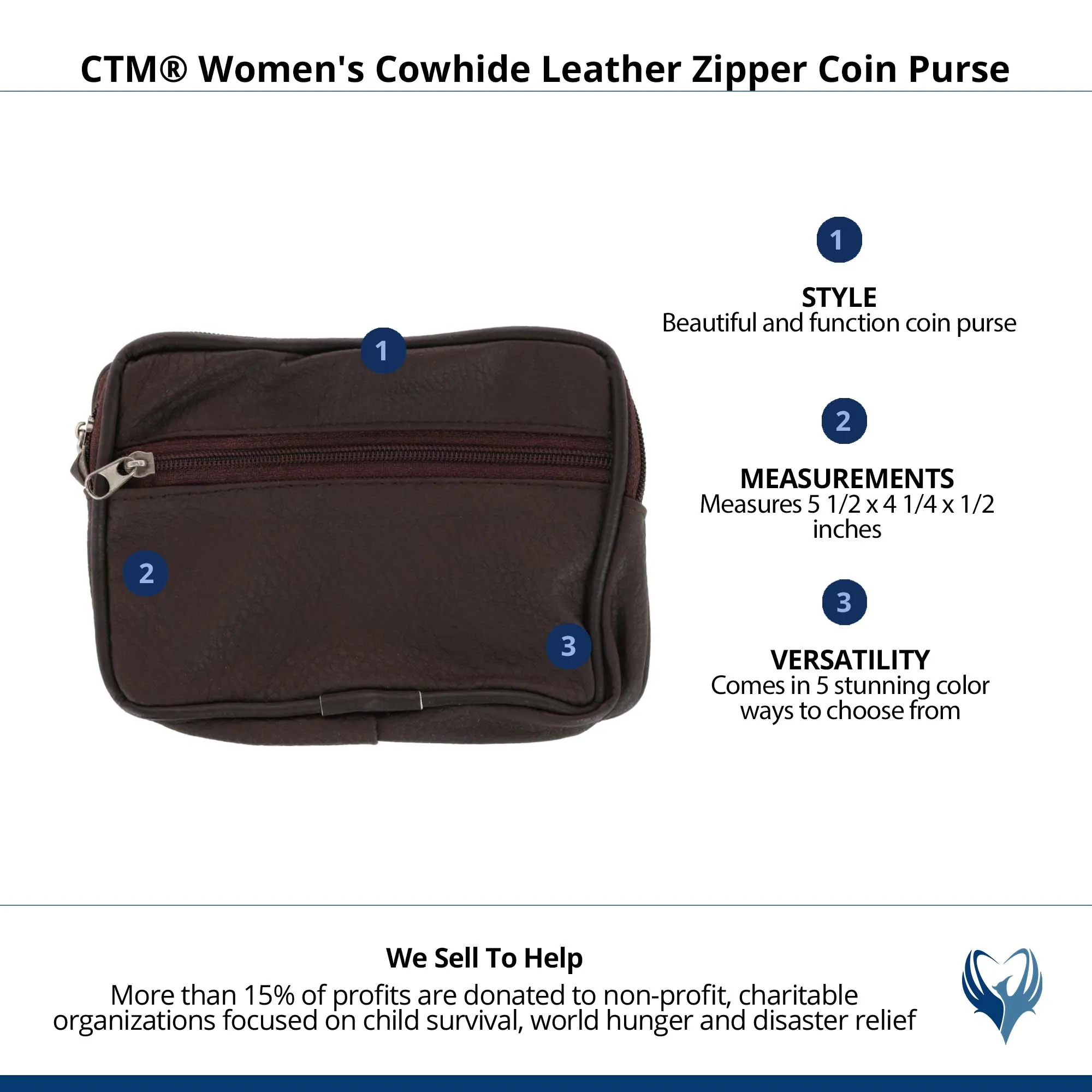 CTM® Women's Cowhide Leather Zipper Coin Purse