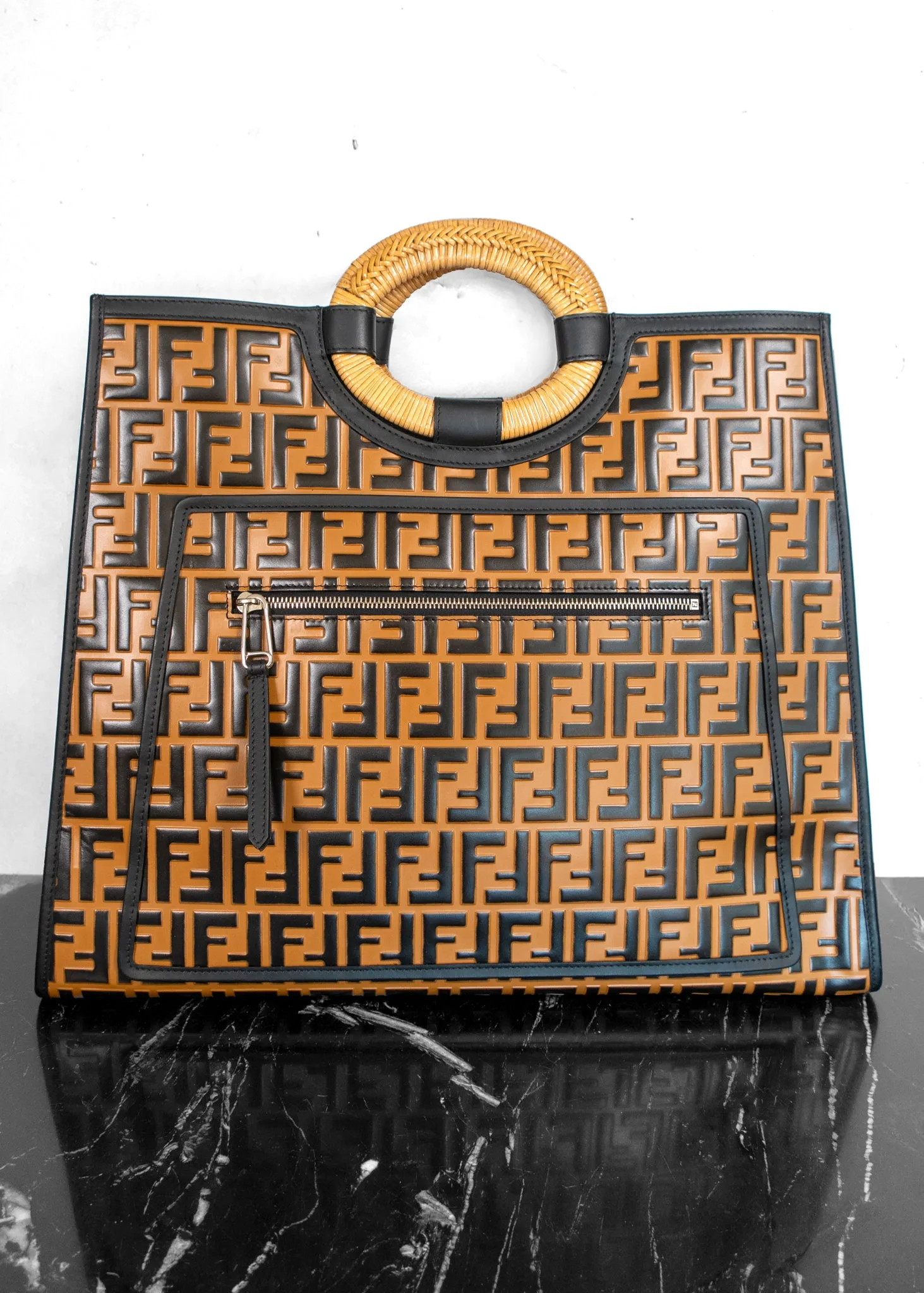 Fendi Vitello Century Wicker FF Embossed Large Runaway Shopper Tote