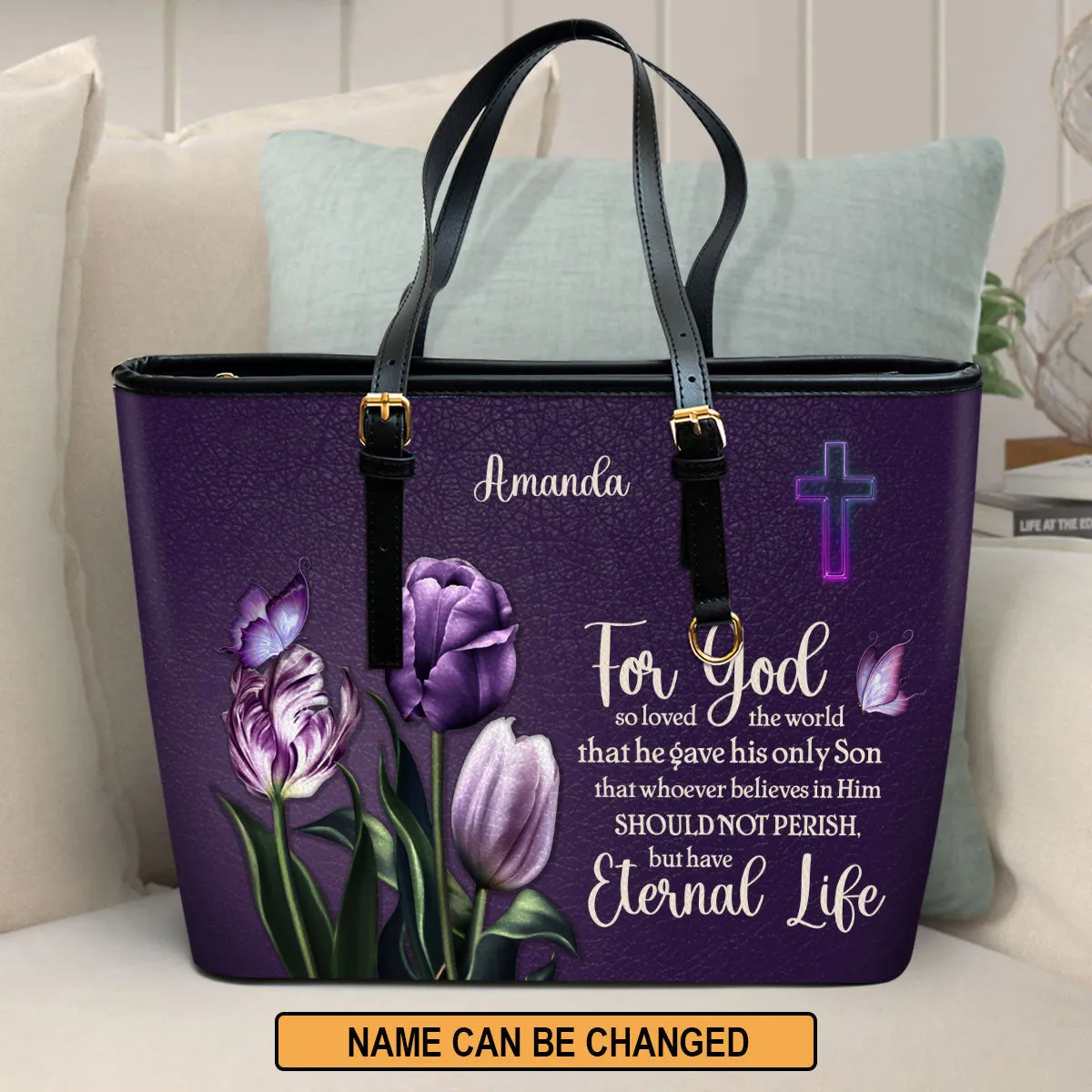 For God So Loved The World Personalized Leather Tote Bag - Christian Gifts For Women