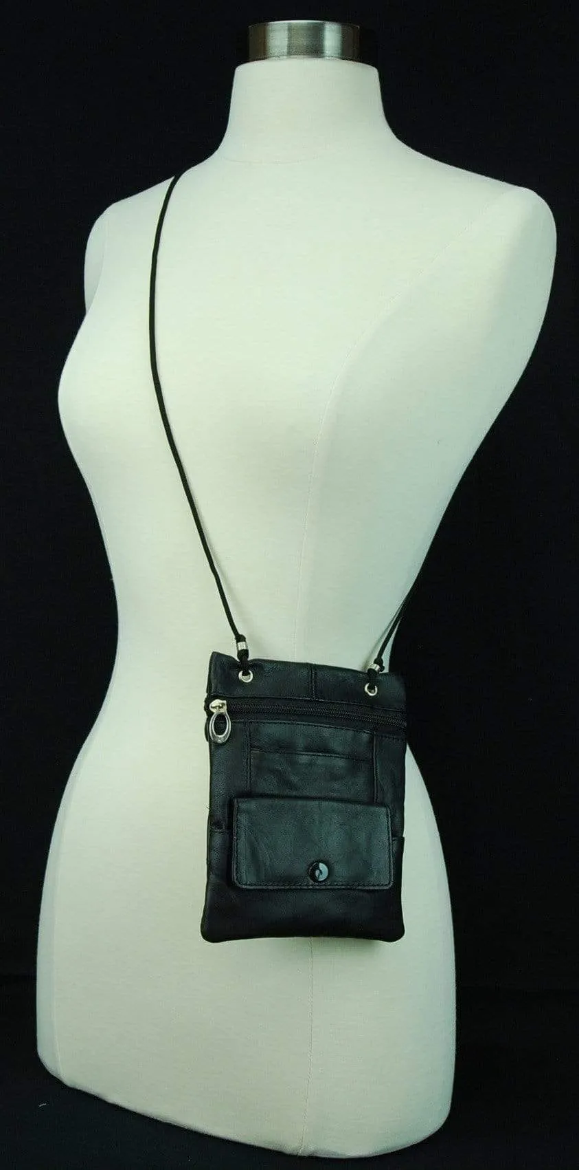 Genuine Leather Cross Body Bag With Front Button Pocket Black