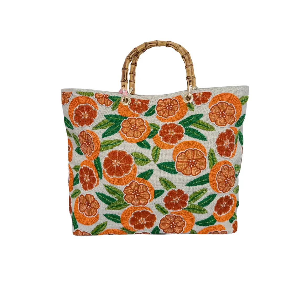 Hand beaded orange citrus tote with bamboo handle *preorder ships in 3 weeks*