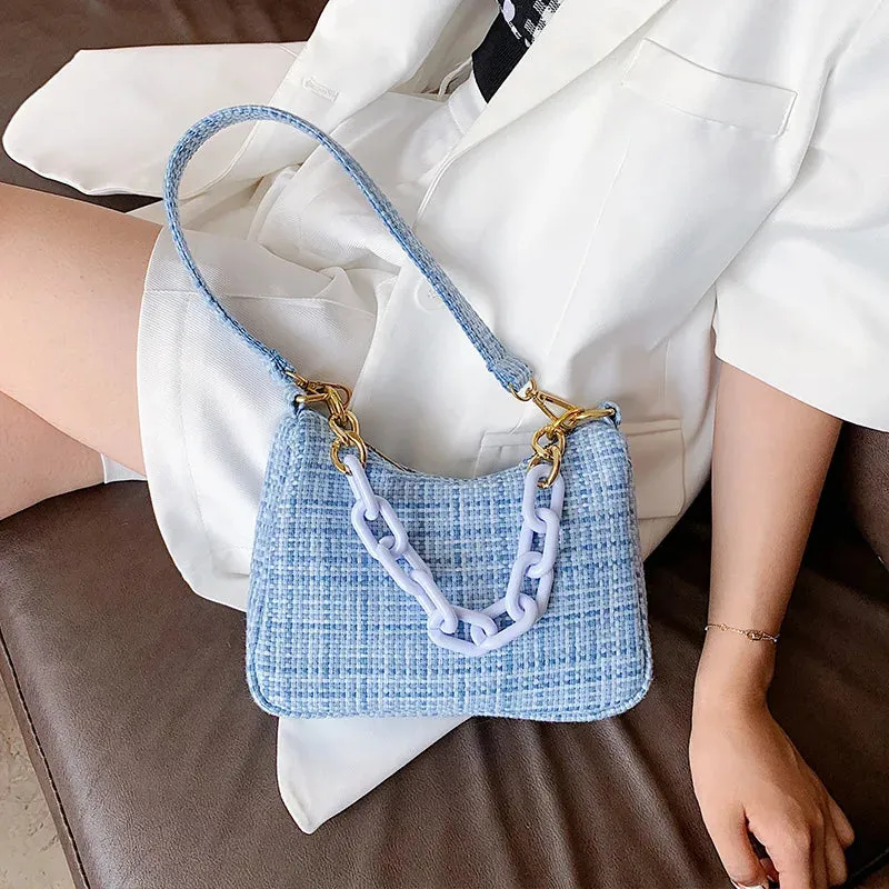 Knitted Soft Cloth Shoulder Bag With Light Acrylic Chain