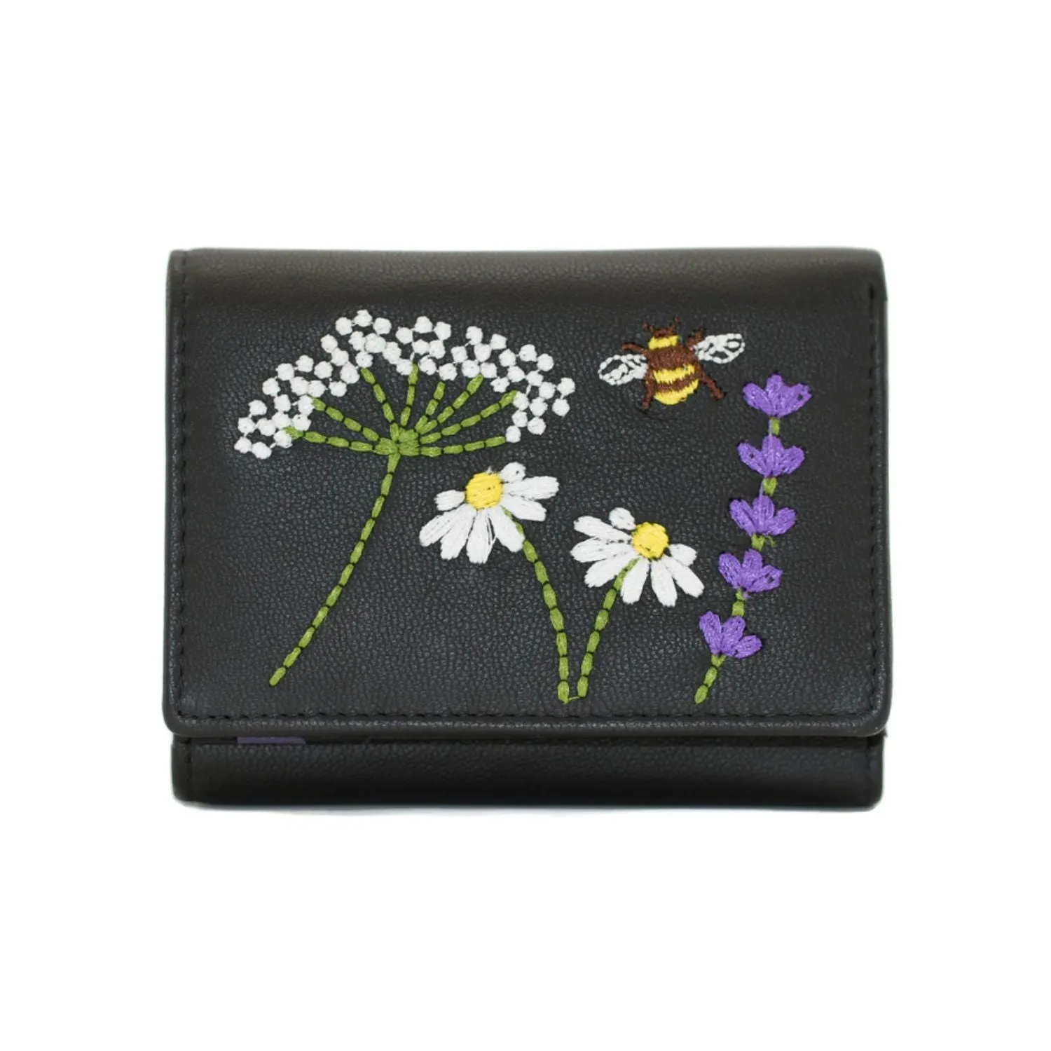 Mala Leather Black Blossom Tri Fold Purse