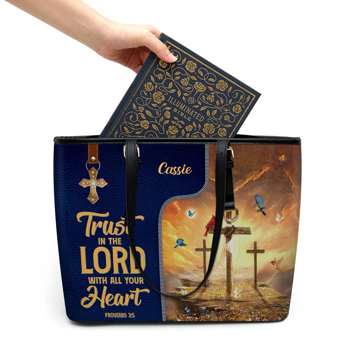 Personalized Large Leather Tote Bag Trust In The Lord With All Your Heart Cross - Religious Gifts For Women Of God