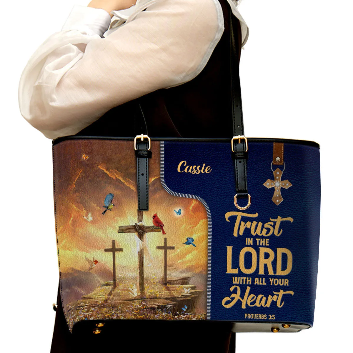 Personalized Large Leather Tote Bag Trust In The Lord With All Your Heart Cross - Religious Gifts For Women Of God