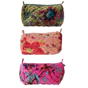 Quilted Velvet Zip Pouch - Floral