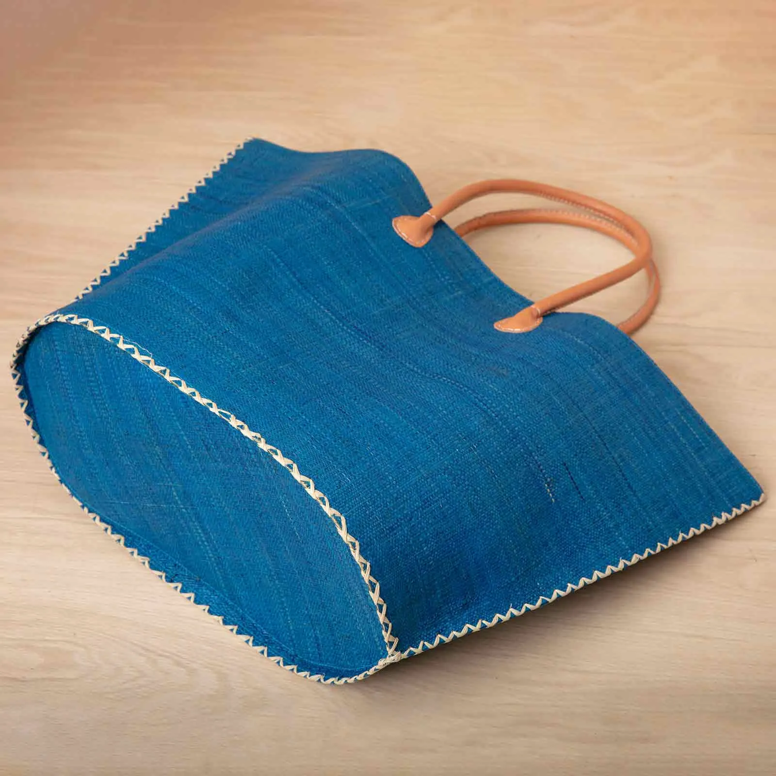 Raffia Turquoise Tote with Leather Handle