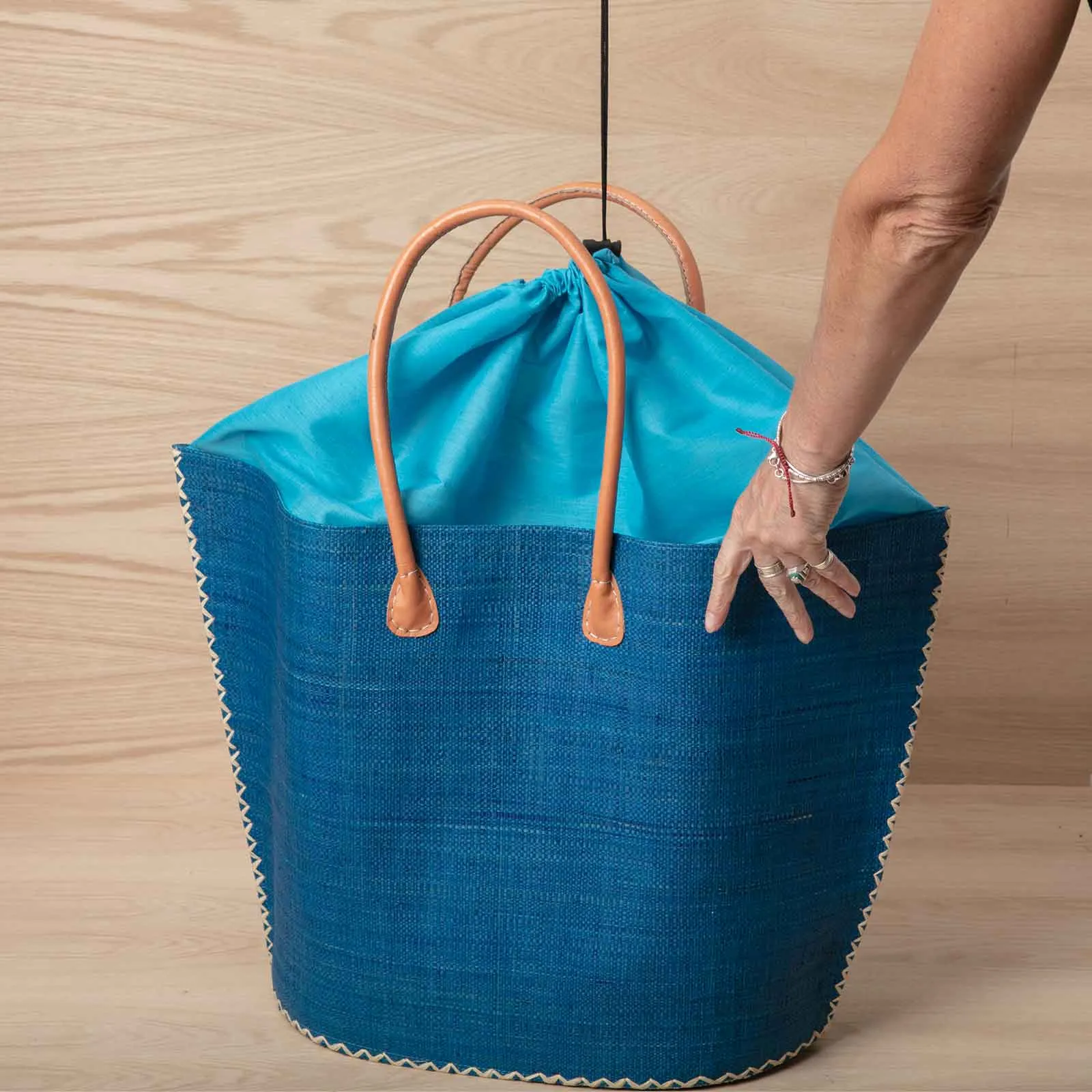 Raffia Turquoise Tote with Leather Handle