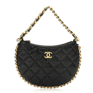 Shiny Crumbled Lambskin Quilted Round Small CC Hobo Black