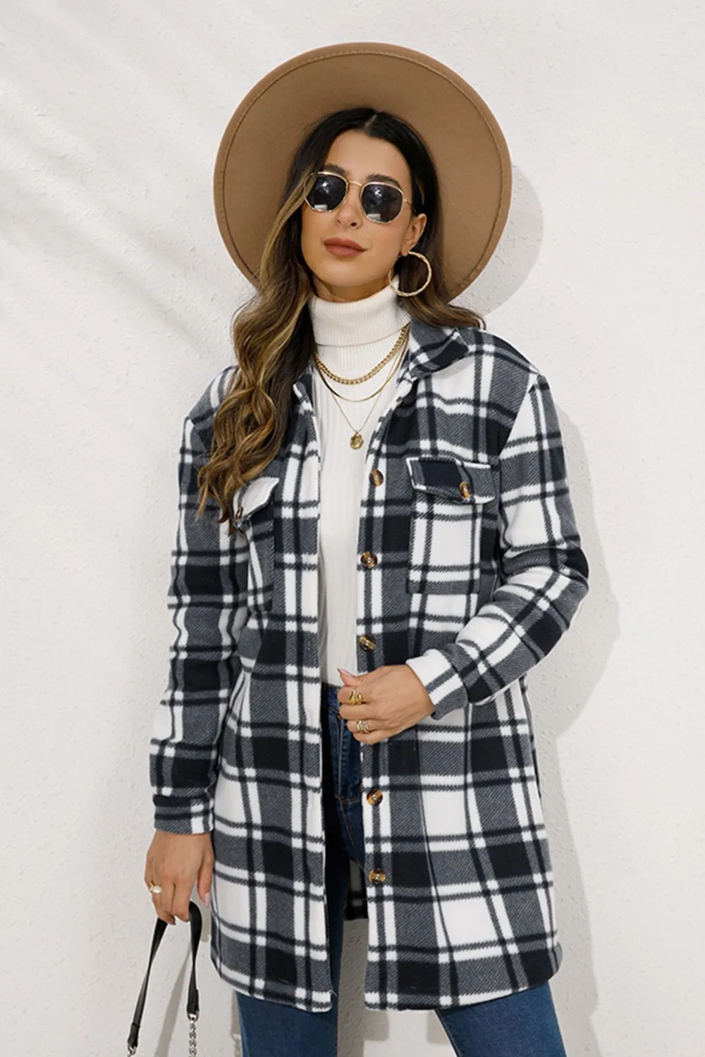 Shiny Plaid Collared Longline Coat