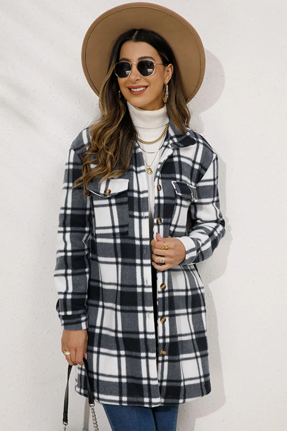 Shiny Plaid Collared Longline Coat