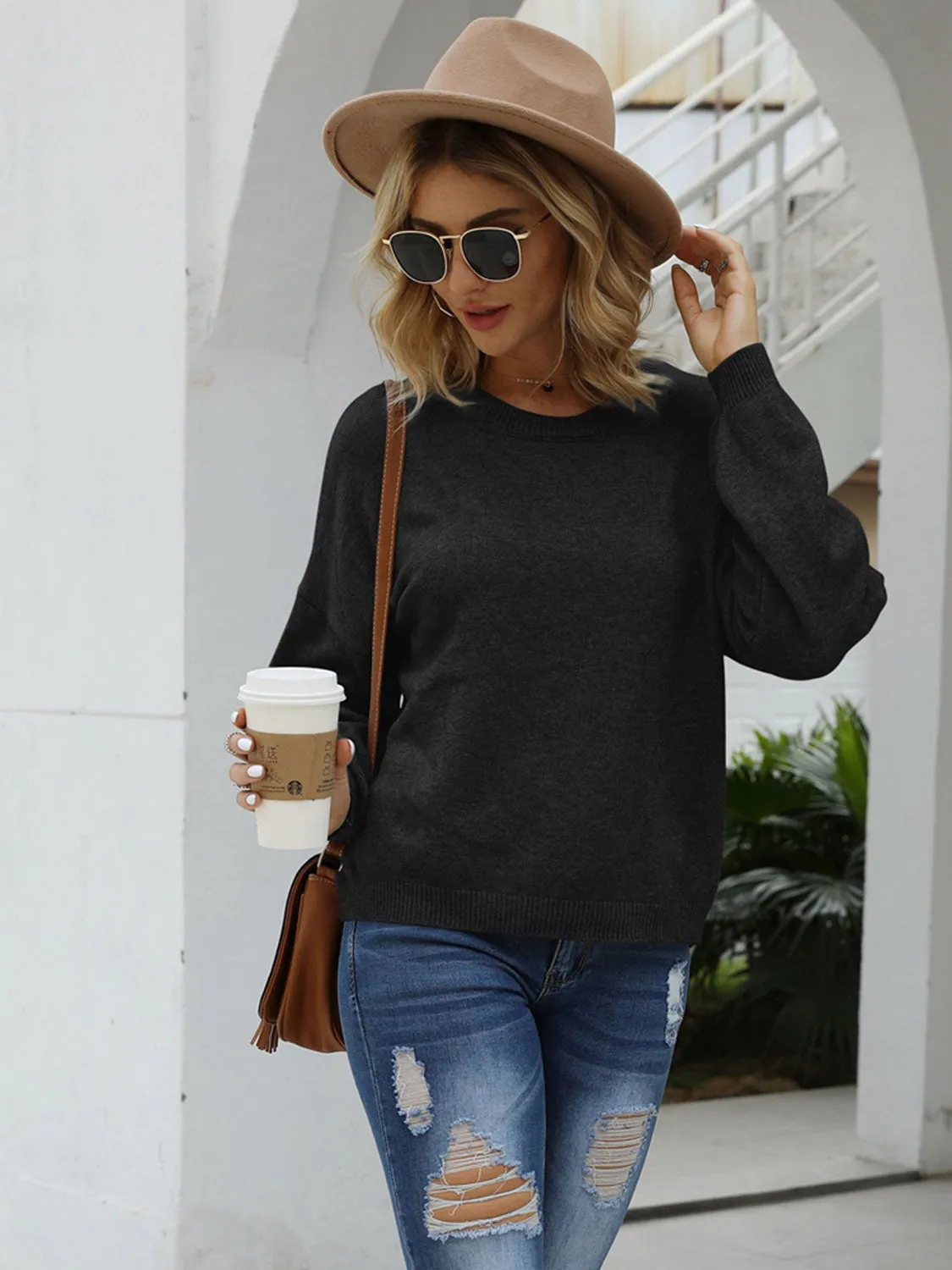 Shiny Round Neck Long Sleeve Sweater