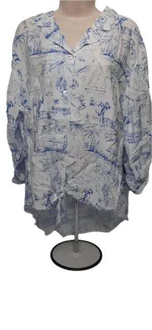 Shirt-Button Front-White/Blue Beach3/4 Sleeve-M23504bm