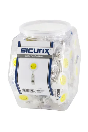 SICURIX ID Badge Reels Smiley Face Round Belt Clip Strap Hexagonal Tub Display of 48 WHITE (68809)