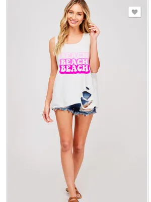 Sleeveless Beach Graphic Slashed Hem Tank Top - Off-White