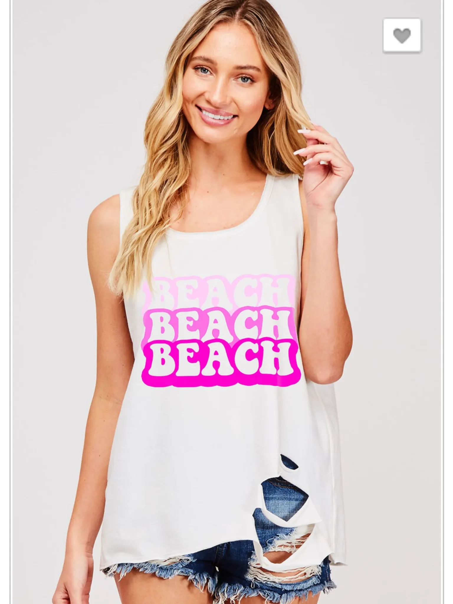 Sleeveless Beach Graphic Slashed Hem Tank Top - Off-White