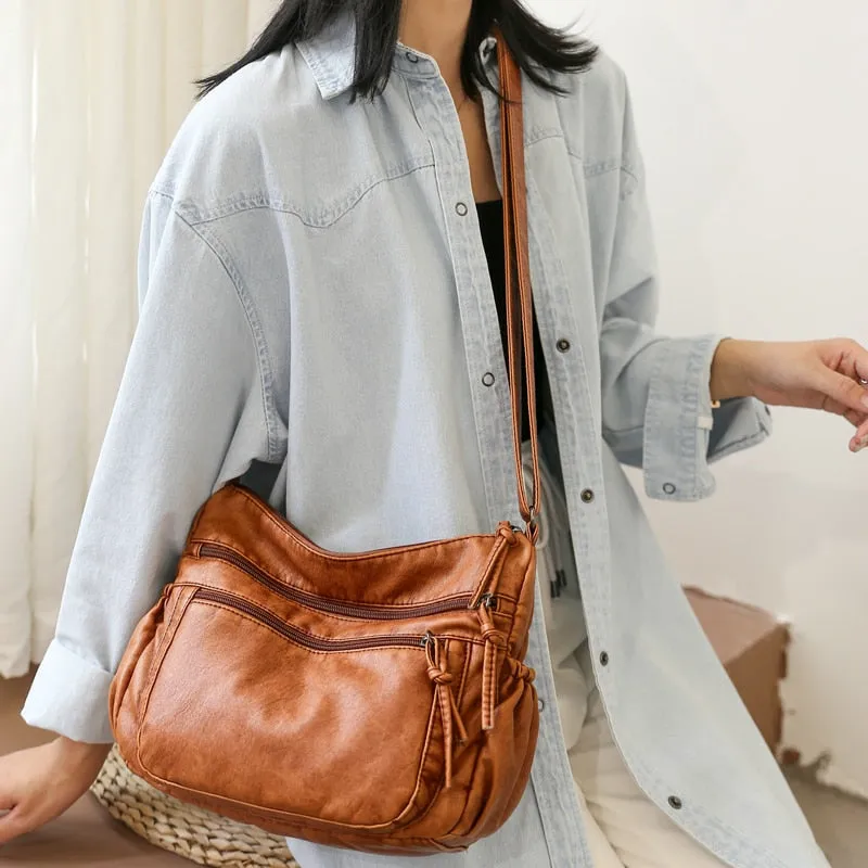 Vintage Soft Leather Crossbody Bag with Multiple Pockets