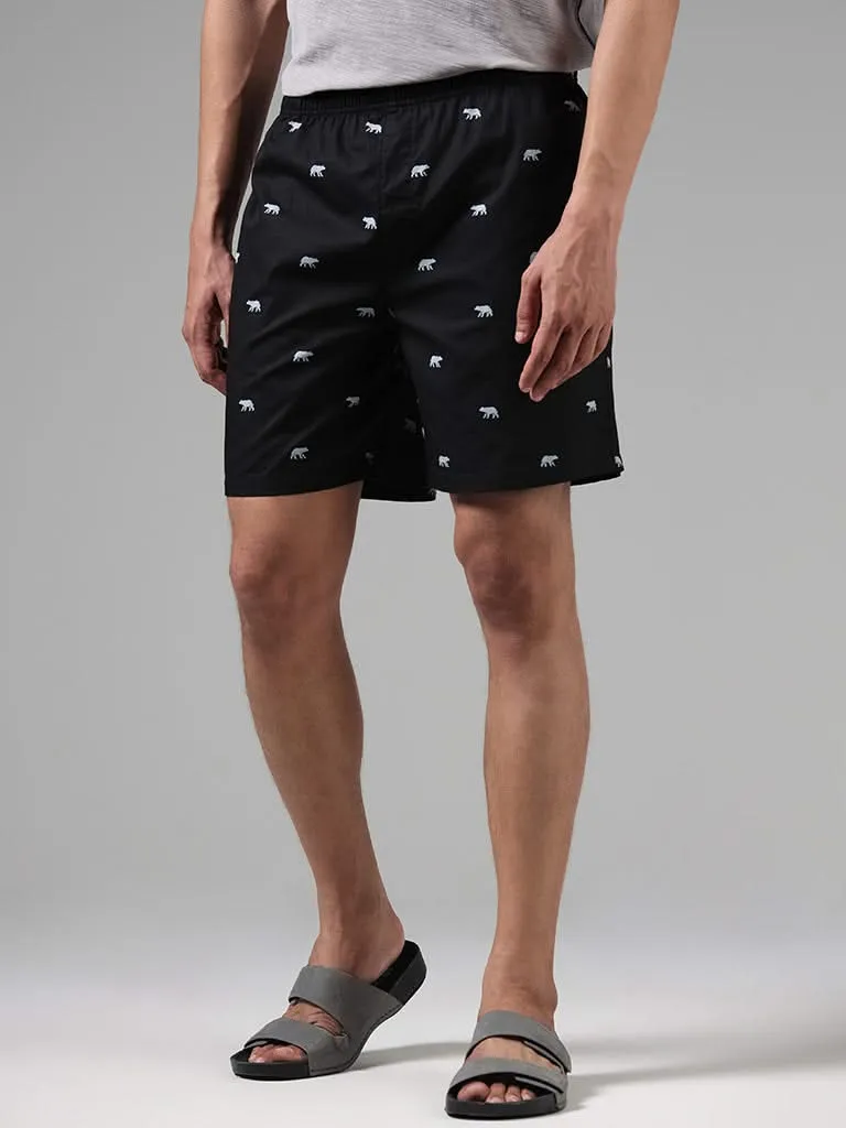 WES Lounge Black Animal Printed Cotton Short Boxers