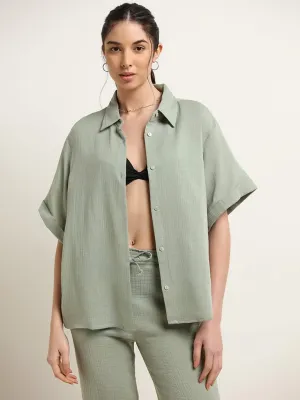 Wunderlove Green Cotton Crinkled Relaxed Beach Shirt