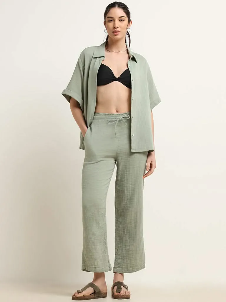 Wunderlove Green Cotton Crinkled Relaxed Beach Shirt